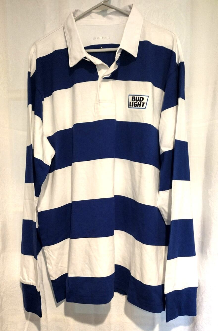 Sport-Tek Men's XL Rugby Shirt Long Sleeve White & Blue Bud Light Preppy NWOT